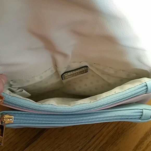 White blue pink double zip large clutch bag faux leather - Picture 3 of 3